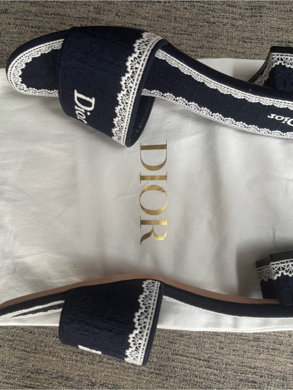 Dior Navy Slide Mules with White Lace Trim - Picture 3 of 3